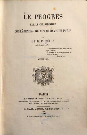 Le progrès par le christianisme : conférences de Notre-Dame de Paris