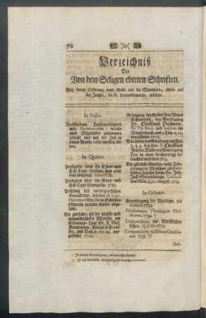 Verzeichniß der Von dem Seligen edirten Schriften, ...