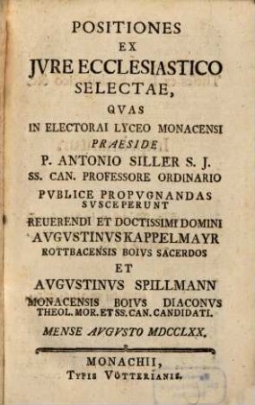 Positiones Ex Jvre Ecclesiastico Selectae