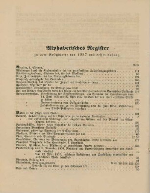 Alphabetisches Register zu dem Gesetzblatte von 1857 und dessen Anhang