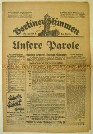 Wochenzeitung "Berliner Stimmen" mit Wahlpropaganda für die Deutsche Volkspartei zur Reichstagswahl 1930