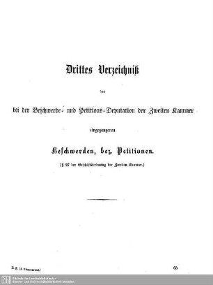 Drittes Verzeichnis der bei der Beschwerde- und Petitions-Deputation der Zweiten Kammer eingegangenen Beschwerden, bez. Petitionen