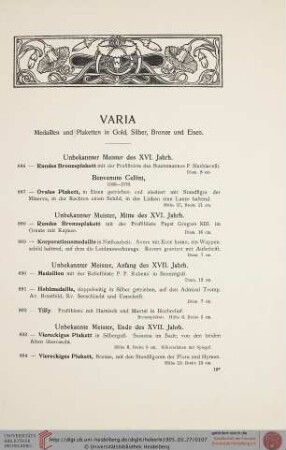 Varia. Medaillen und Plaketten in Gold, Silber, Bronze und Eisen (Nr. 886-969)