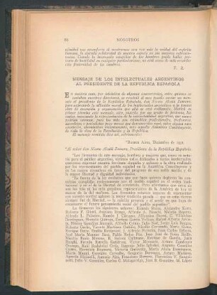 Mensaje de los intelectuales argentinos al Presidente de la República Española