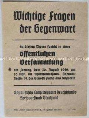 Einladung des Kreisvorstandes Stralsund der SED zu einer öffentlichen Versammlung