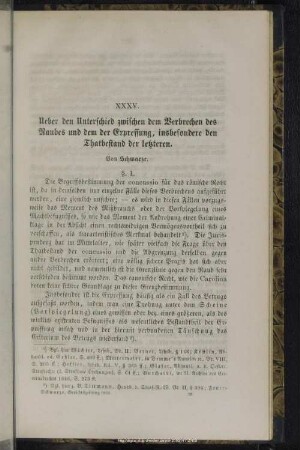 XXXV. Ueber den Unterschied zwischen dem Verbrechen des Raubes und dem der Erpressung, insbesondere den Thatbestand der letzteren