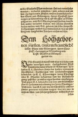 Dem Hochgebornen Fürsten ... herrn Christoff/ Hertzogen zu Wirtenberg und Tegk/ Graffen zu Mümpelgarten etc.