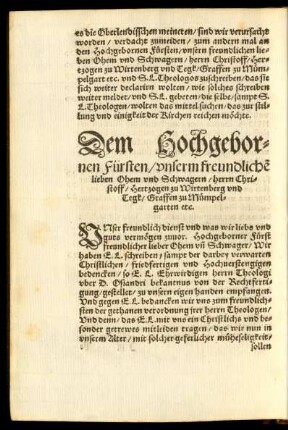 Dem Hochgebornen Fürsten ... herrn Christoff/ Hertzogen zu Wirtenberg und Tegk/ Graffen zu Mümpelgarten etc.
