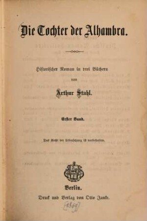 Die Tochter der Alhambra : historischer Roman in drei Büchern, 1