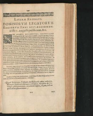Literae Recessus. Dominorum Legatorum Regiorum Anni 1617.