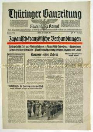 Regionale Tageszeitung der NSDAP "Thüringer Gauzeitung" u.a. zur Lage in Südostasien