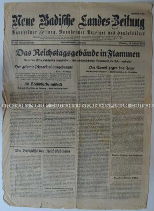 Titelseite der Tageszeitung "Neue Badische Landes-Zeitung" mit Leitartikel zum Reichstagsbrand