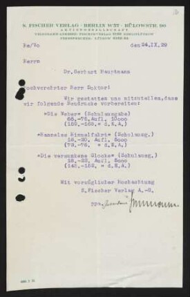 Brief von Regina Rosenbaum und Gottfried Bermann Fischer von S.-Fischer-Verlag <Berlin> an Gerhart Hauptmann