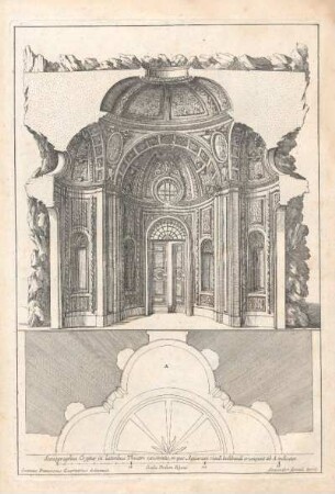 Scenographia Cryptae in lateribus Theatri existentis in quo Aquarum riuuli ludibundi erumpunt ab A. indicatae. Scala Pedum Rheni.