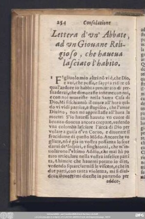 Lettera d' un' Abbate, ad un Giouane Religioso, che haueua lasciato l'habito.
