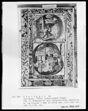 Lateinische Bibel, drei Bände — Titelblatt mit aufgeklebten Bordüren und Initialen, Folio 1verso