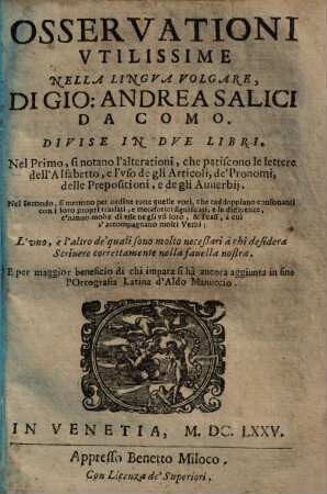 Osservationi utilissime nella lingua volgare : divise in 2 libri