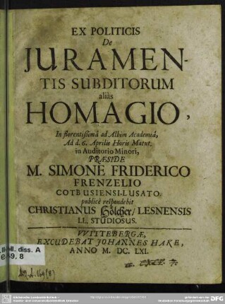 Ex politicis de juramentis subditorum alias homagio