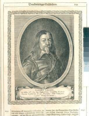 Johannes Leuber : Johannes Leuber, S. 279. Kupferstich; 188 x 150 (Bildspiegel). Aus: Theatri Europaei ... Sechster und letzter Theil. 1647-1651. Franckfurth, M., Matthäi Merians sel. Erben. Dresden: SLUB Hist.univ.B.0062