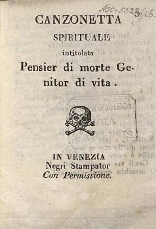 Canzonetta spirituale intitolato Pensier di morte Genitor di vita