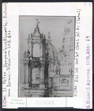 Rom, St. Peter: Kampanile, Wettbewerbsentwurf. Bernini-Atelier vom 20. 2. 1646. Rom, Bibl. Vat. lat. 13442, fol. 4r