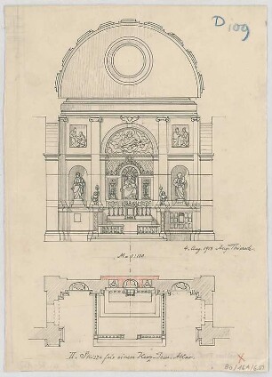 Thiersch, August ; München - Schwabing; Kath. Pfarrkirche St. Ursula - Herz - Jesu - Altar (Grundriss, Ansicht)