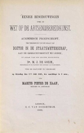 Eenige beschouwingen over de wet op de artsenijbereidkunst : Inaug. Diss.
