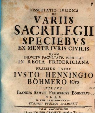 Dissertatio Ivridica De Variis Sacrilegii Speciebvs Ex Mente Ivris Civilis