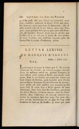 180-200, Lettre LXXVIII. du Marquis D'Argens.-Lettre LXXXIX. du Roi.