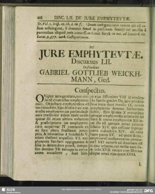 De Iure Emphyteutae, Discursus LII. Defendens Gabriel Gottlieb Weickhmann, Ged.