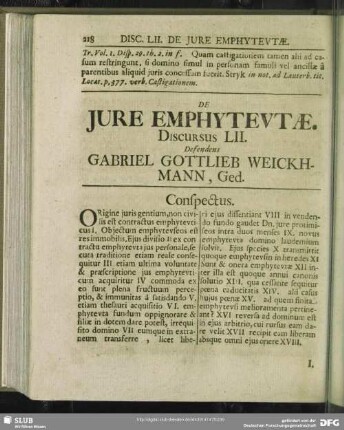 De Iure Emphyteutae, Discursus LII. Defendens Gabriel Gottlieb Weickhmann, Ged.