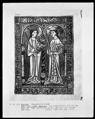Psalter aus Aldersbach — Zwei gekrönte weibliche Heilige mit Palme und Buch, Folio 18recto