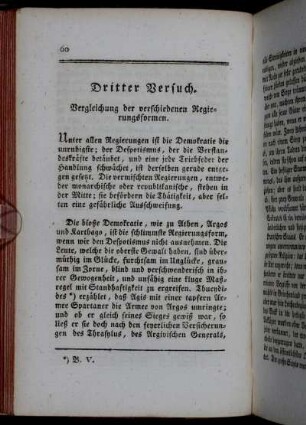 Dritter Versuch. Vergleichung der verschiedenen Regierungsformen.