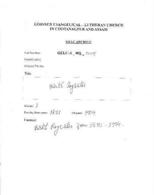 RANCHI HEADQUARTER CONGREGATION BIRTH REGISTER