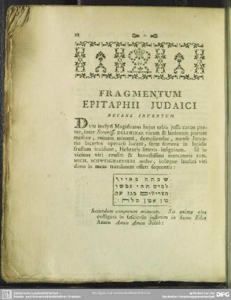 Fragmentum Epitaphii Judaici Recens Inventum