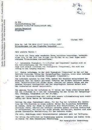Brief von CCC an Berliner Flughafen GmbH, 13.06.1961