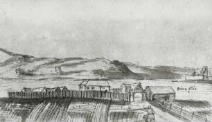 Siedlung am Fluß Düna, gegenüber Ruine einer kleinen Festung. Blatt 46r (oben)