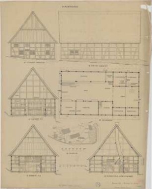 Westendorf (Kreis Iserlohn): Gößmanshof. Haupthaus (Lageplan, Grundriss, Südwestansicht, Südostansicht, Schnitte)