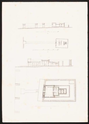 Tempelanlagen in Ägypten: z. T. Druck von Inv.Nr. 44897, wie Inv.Nr. 44892,2: Zwei Grundrisse, zwei Längsschnitte, Maßstabsleisten