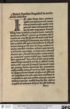 Incipit Aurelius Augustinus de moribus ecclesie catholice.