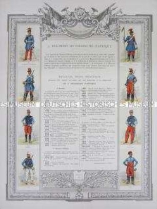 Uniformdarstellung, Rüstungen und Uniformen von Soldaten des 5. Afrikanischen Jäger-Regiments zu Pferde und Zeittafel von Schlachten und Belagerungen mit Beteiligung dieses Regiments bzw. seiner Vorläufer, Frankreich, 1741-1893.