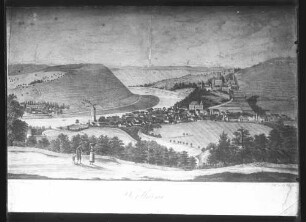 Reproduktion eines Gemäldes, Stiches o.ä. "Wertheim von der Westseite" gezeichnet von (F. Mayer?), u.l. auf Platte "Bernhard Wehnert"