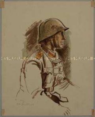 Porträt eines bulgarischen Offiziers mit Stahlhelm und Feldstecher