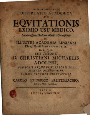 Diss. acad. de equitationis eximio usu medico