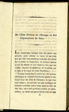 De l'Etat Présent de l'Europe et des Négociations de Paix.