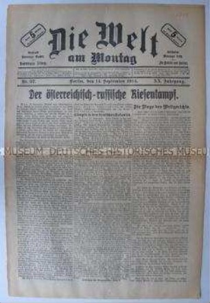 Wochenzeitung "Die Welt am Montag" zur Schlacht zwischen österreichischen und russischen Truppen bei Lemberg