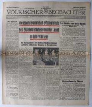 Tageszeitung "Völkischer Beobachter" u.a. zum Amtseinführung von Reichswirtschaftsminister Frick