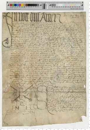 Notarieller Vorgang, herbeigeführt durch den Vikar oder Kaplan am Vier Doktoren Altar der Benedikti Kapelle Nicolaus Gronhagen. Notar Nicolaus Illies; sein Wahlspruch "Gaudet patientia duris" (das hart Erworbene macht Freude) [lat].