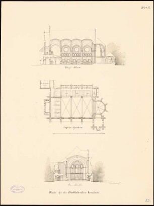 St. Bartholomäuskirche, Berlin: Vorentwurf, Längsschnitt, Emporengrundriss, Querschnitt 1:200