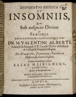 Disputatio Physica De Insomniis